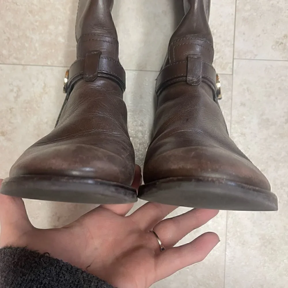 Tory Burch- Brown Bristol Leather Riding Boot with Gold Hardware, Sz 6.5